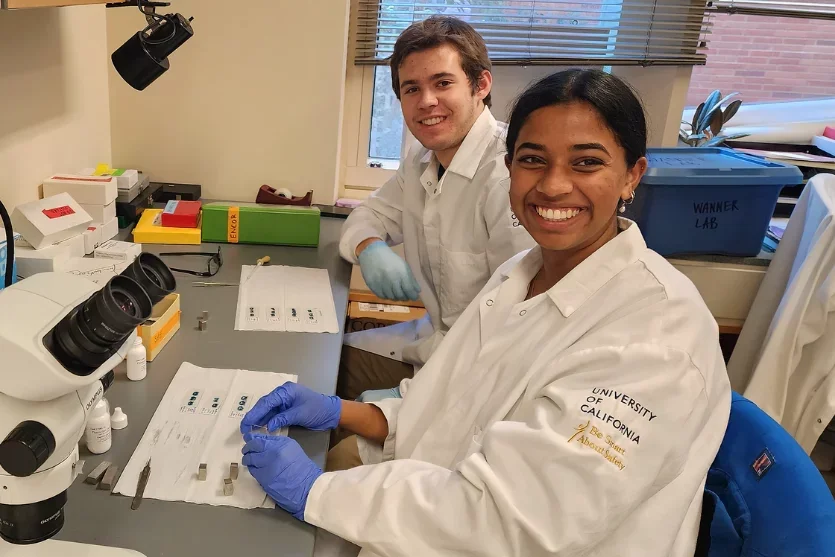 Jonathan Lopez, Hana Abdirahman, Victoria Parrilli, Andrew Kamali, Kunal Ranat, Salma Arredondo, Rochelle Bitolas, Linda Tajalli, Izzy Bonacorsi and Ina Wanner in front of the Gordon Neuroscience Research Building at the UCLA medical campus in 2019. 