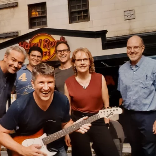 Russell Huie, Javier Allende Labastida, Adam Ferguson, Ina Wanner, Ray Koehler and Mark Burns of the TOP-NT Consortium having dinner at the Hardrock Café in Atlantat during the National Neurotrauma Symposium 2022.  