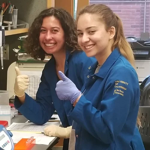 Working in the Wanner lab at the bench running Westerns are Victoria Parrilli, lab manager and Rochelle Bitolas, Student Researcher in February 2019. 