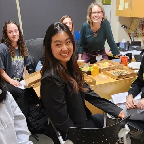Human trauma model image analysis team: Jenny Richmond, Michelle Gong, Aaron Soghomonian, Ina Wanner, Chloe McMannChapman; Maddie Klee during office -pizza dinner in April, 2023. 