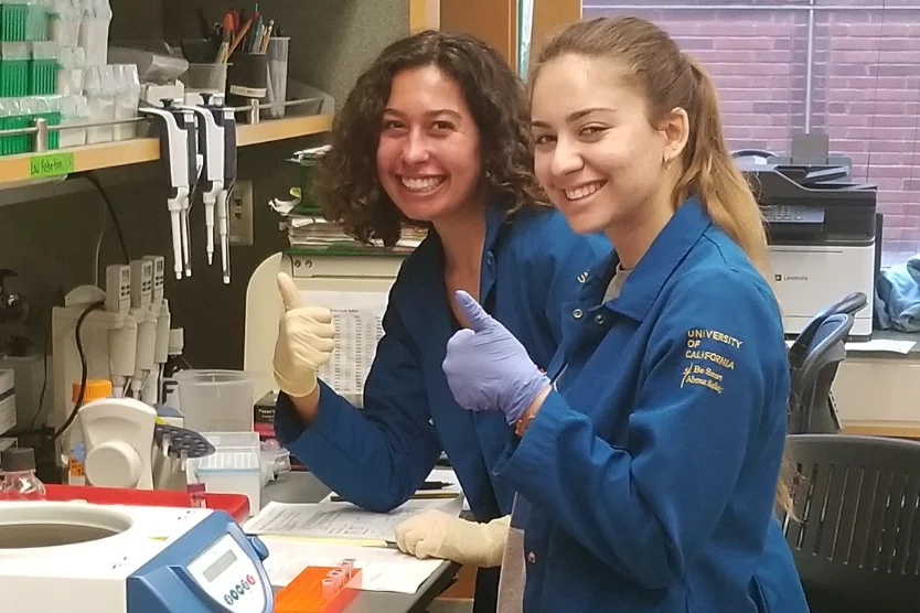 Working in the Wanner lab at the bench running Westerns are Victoria Parrilli, lab manager and Rochelle Bitolas, Student Researcher in February 2019.
